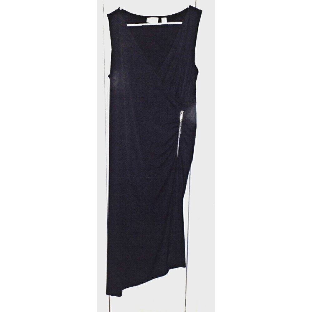 Chico's L Sleeveless Slinky Navy Dress Wrap Look Dress Faux Zipper Asymmetrical